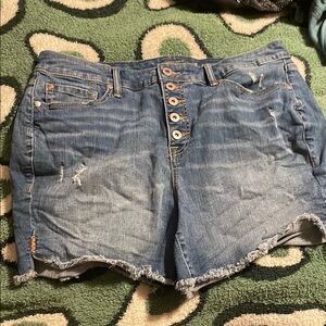 Torrid Womens Size 16 Blue Denim Shorts High Rise Button Fly Distressed Frayed